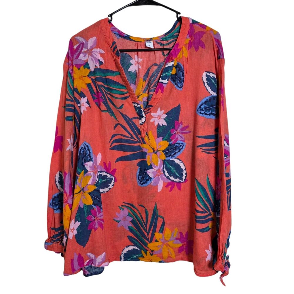 Old Navy Linen Blend Tunic Womens XXL Coral Tropical Resort Coastal V-Neck Top